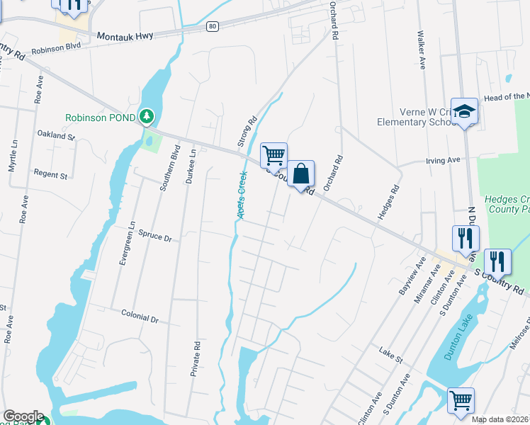 map of restaurants, bars, coffee shops, grocery stores, and more near 12 Roosevelt Boulevard in East Patchogue