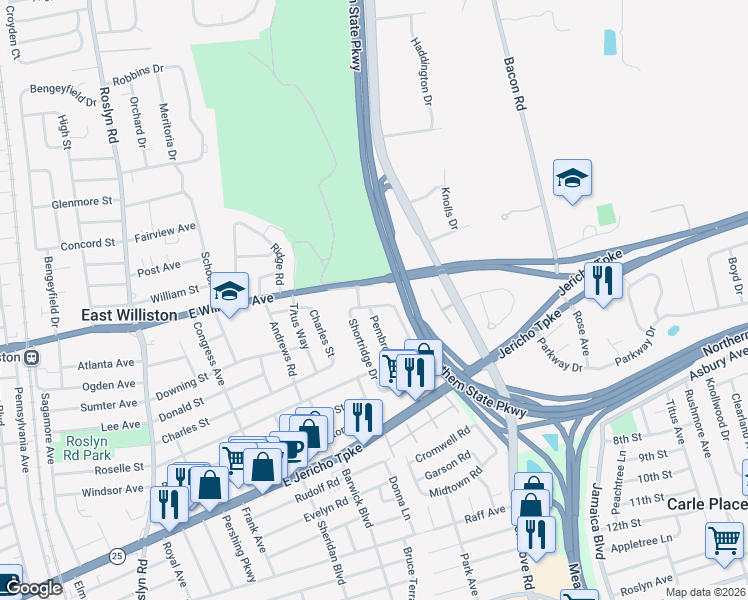 map of restaurants, bars, coffee shops, grocery stores, and more near 198 Hillside Avenue in Mineola