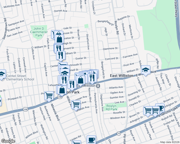 map of restaurants, bars, coffee shops, grocery stores, and more near 92 Cornell Street in Williston Park