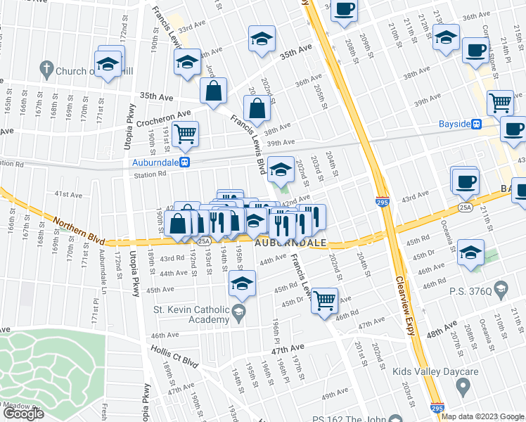 map of restaurants, bars, coffee shops, grocery stores, and more near 196-22 42nd Avenue in Queens