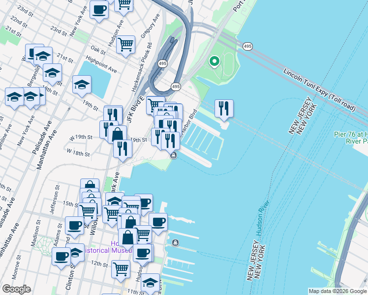 map of restaurants, bars, coffee shops, grocery stores, and more near in Weehawken Township