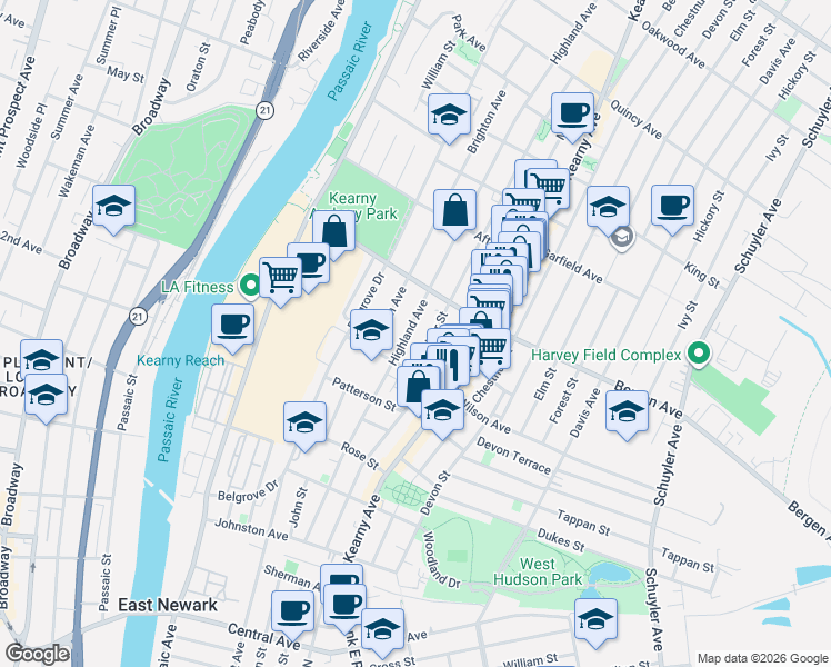 map of restaurants, bars, coffee shops, grocery stores, and more near 43 Windsor Street in Kearny