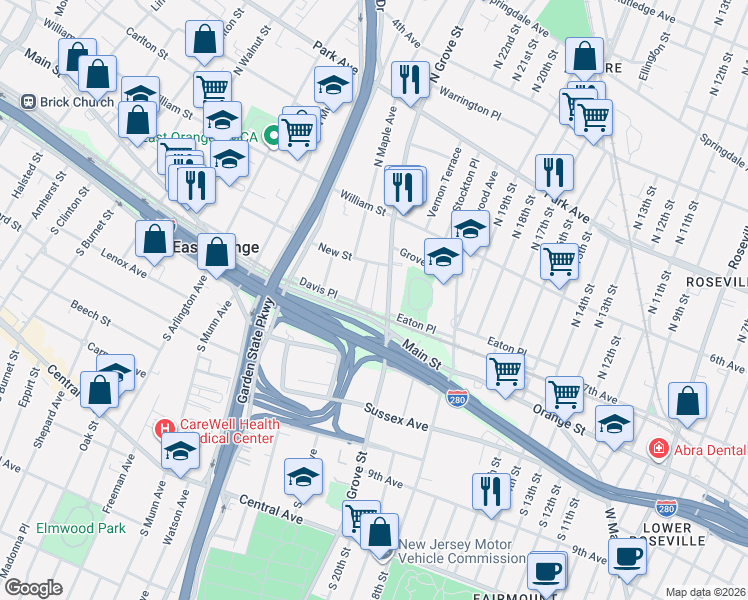 map of restaurants, bars, coffee shops, grocery stores, and more near 80 North Grove Street in East Orange
