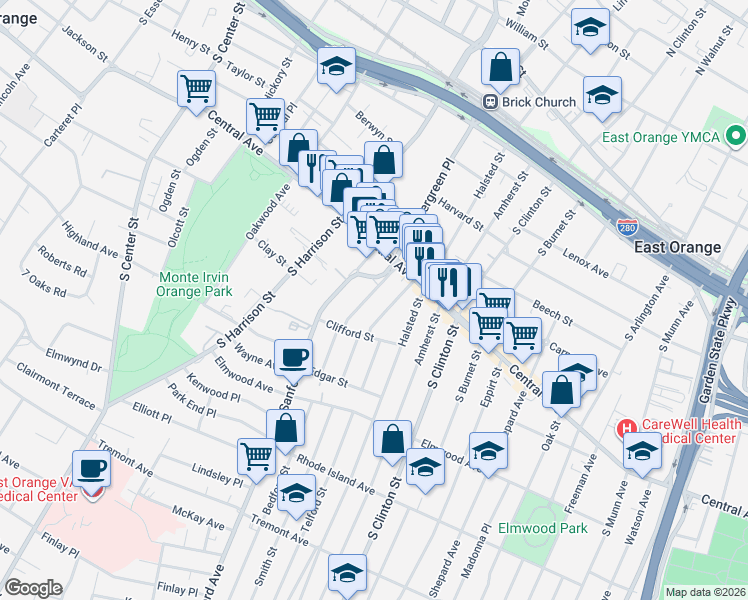 map of restaurants, bars, coffee shops, grocery stores, and more near 37 Cambridge Street in East Orange