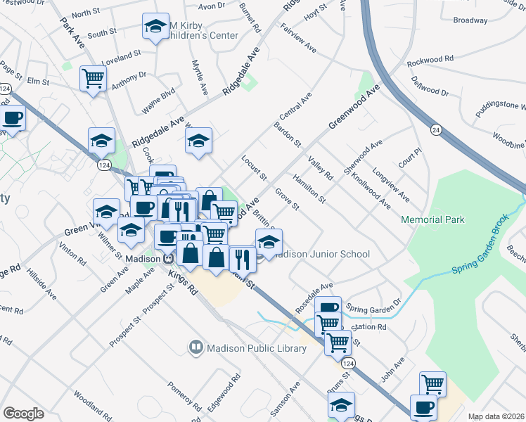 map of restaurants, bars, coffee shops, grocery stores, and more near 38 Alexander Avenue in Madison