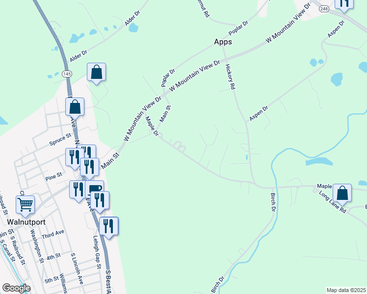 map of restaurants, bars, coffee shops, grocery stores, and more near 4814 Maple Drive in Walnutport