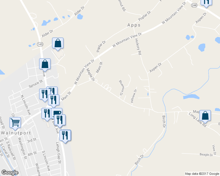 map of restaurants, bars, coffee shops, grocery stores, and more near 4814 Maple Drive in Walnutport