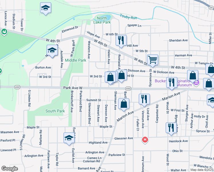 map of restaurants, bars, coffee shops, grocery stores, and more near 544 Park Avenue West in Mansfield