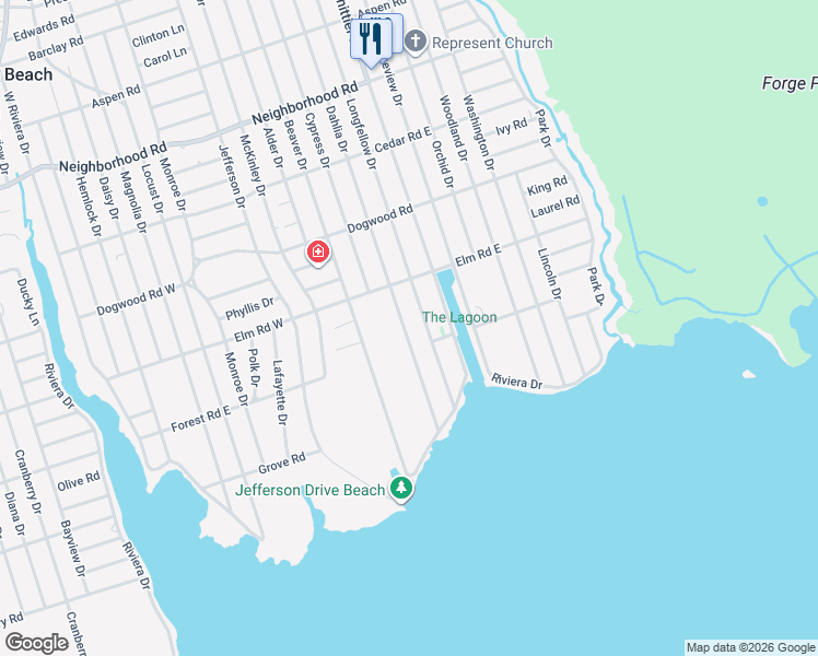 map of restaurants, bars, coffee shops, grocery stores, and more near 45 Dahlia Drive in Mastic Beach