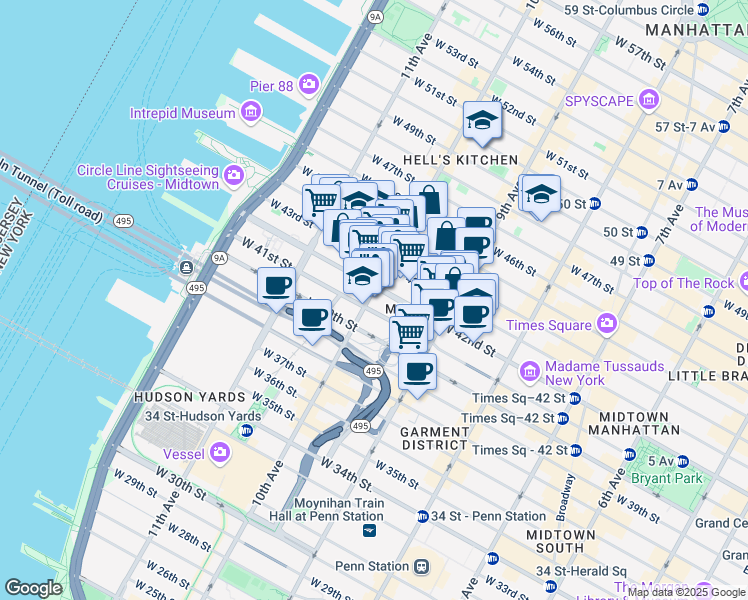 map of restaurants, bars, coffee shops, grocery stores, and more near 570 10th Avenue in New York