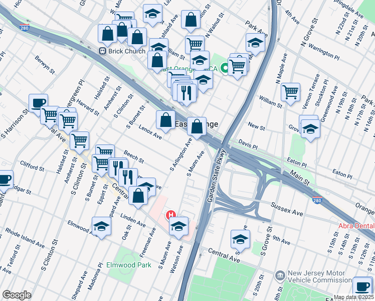 map of restaurants, bars, coffee shops, grocery stores, and more near 46 South Arlington Avenue in East Orange