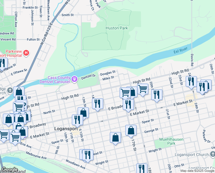 map of restaurants, bars, coffee shops, grocery stores, and more near 1522 High Street in Logansport