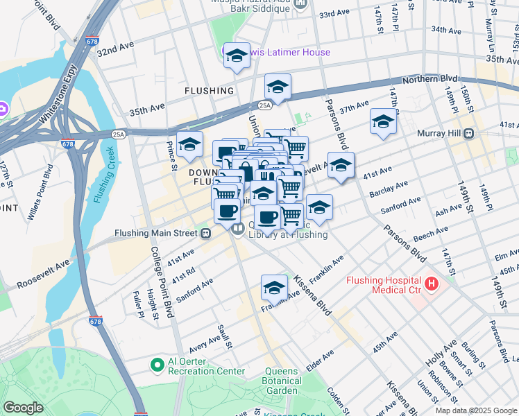 map of restaurants, bars, coffee shops, grocery stores, and more near 136-71 41st Avenue in Queens