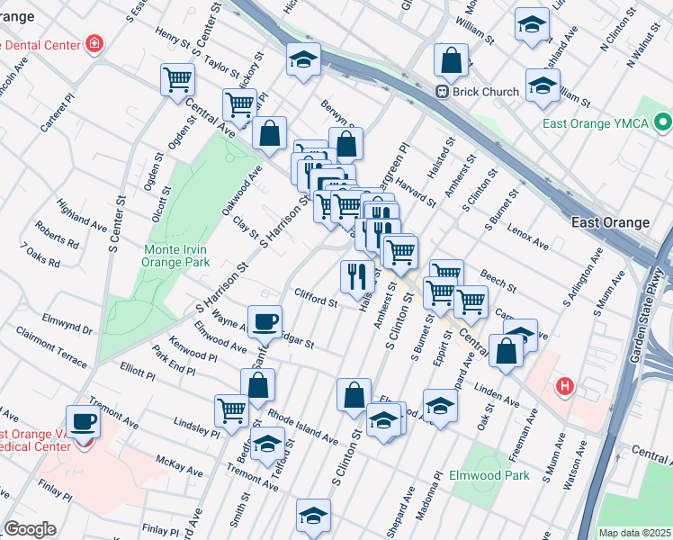 map of restaurants, bars, coffee shops, grocery stores, and more near 37 Cambridge Street in East Orange