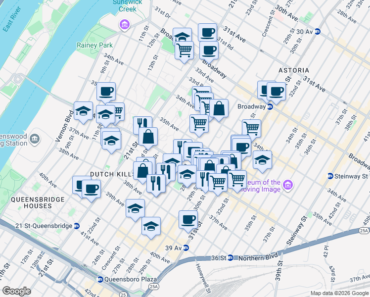 map of restaurants, bars, coffee shops, grocery stores, and more near 3535 24th Street in Queens