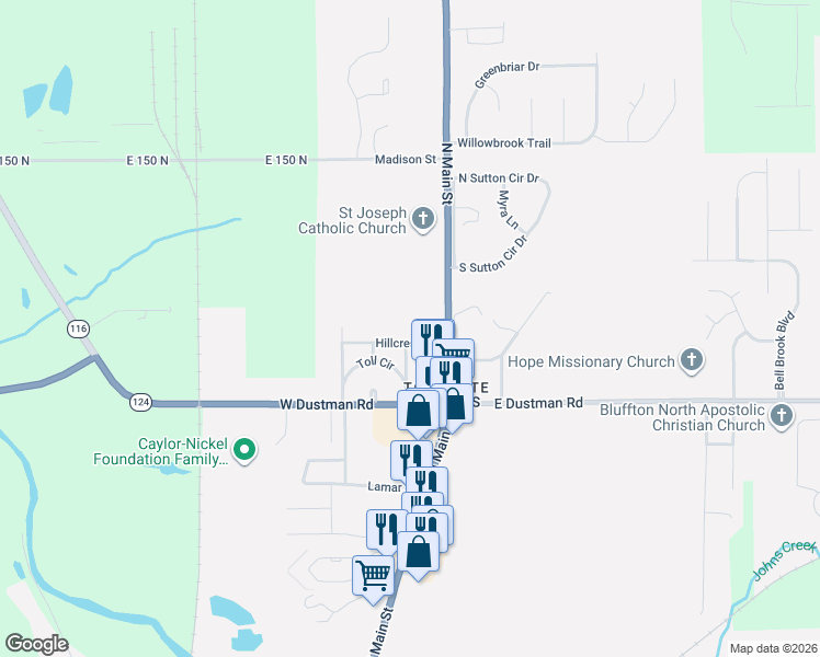 map of restaurants, bars, coffee shops, grocery stores, and more near 123 Hillcrest Rd in Bluffton