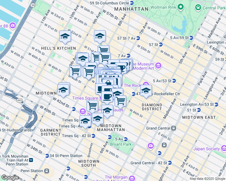 map of restaurants, bars, coffee shops, grocery stores, and more near 701 7th Avenue in New York