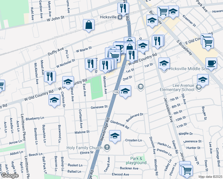map of restaurants, bars, coffee shops, grocery stores, and more near 11 Hudson Street in Hicksville