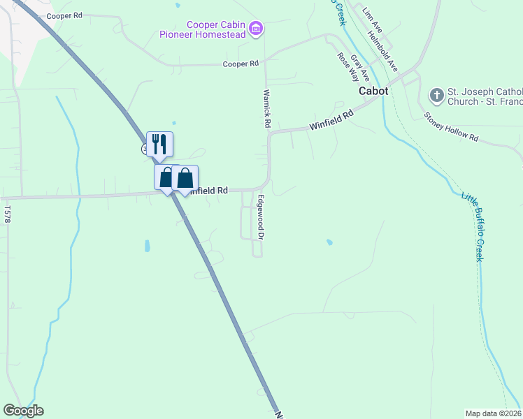 map of restaurants, bars, coffee shops, grocery stores, and more near 398 Edgewood Drive in Cabot