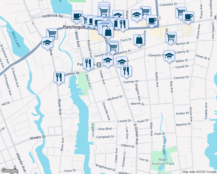 map of restaurants, bars, coffee shops, grocery stores, and more near 53 Cedar Avenue in Patchogue