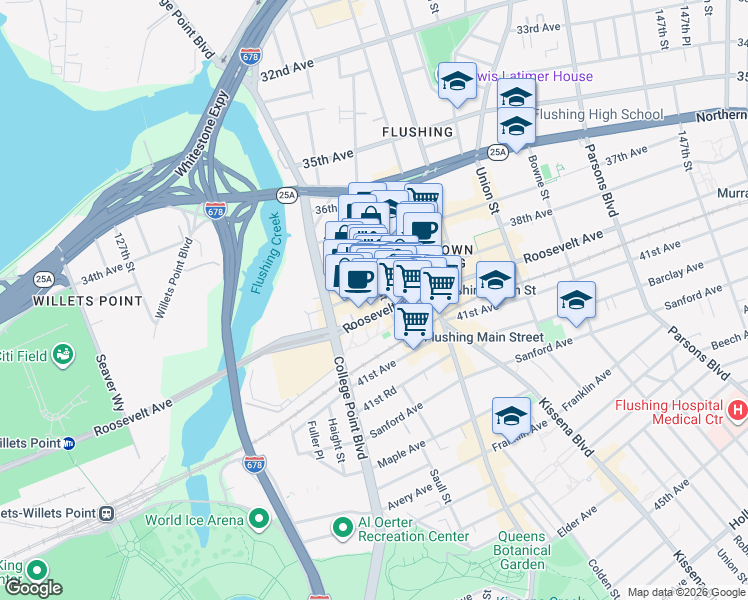 map of restaurants, bars, coffee shops, grocery stores, and more near 39-16 Prince Street in Queens