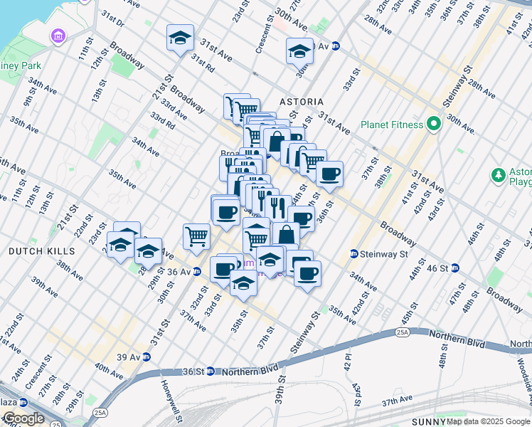 map of restaurants, bars, coffee shops, grocery stores, and more near 32-81 32nd Street in Queens