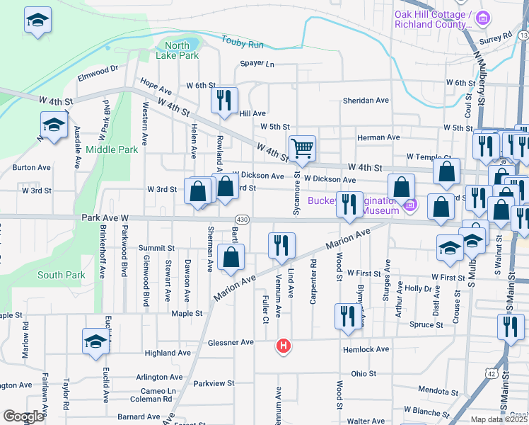 map of restaurants, bars, coffee shops, grocery stores, and more near 414 Park Avenue West in Mansfield