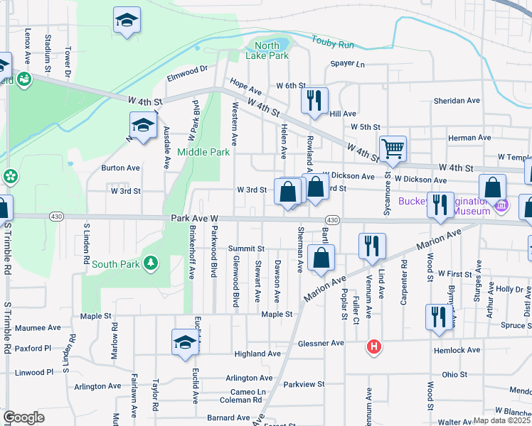 map of restaurants, bars, coffee shops, grocery stores, and more near 564 Park Avenue West in Mansfield