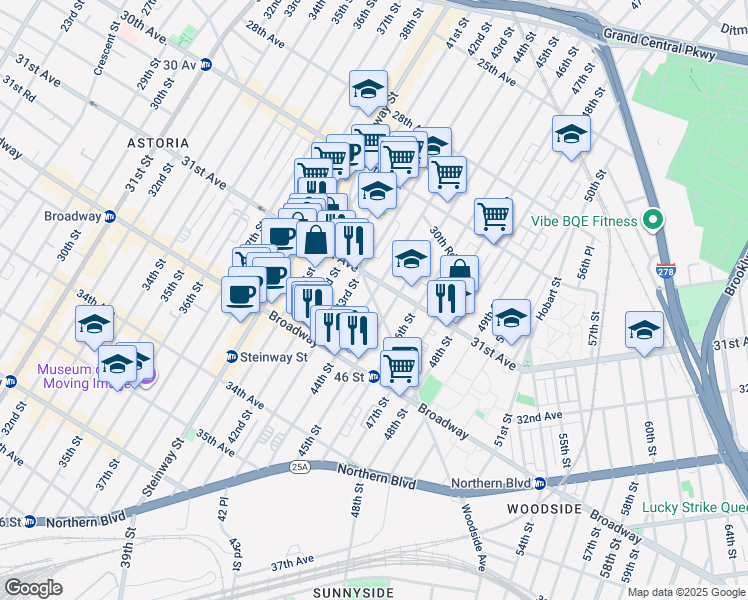 map of restaurants, bars, coffee shops, grocery stores, and more near 121 Newtown Road in Queens