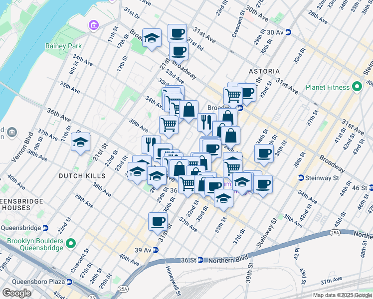 map of restaurants, bars, coffee shops, grocery stores, and more near 3449 28th Street in Queens
