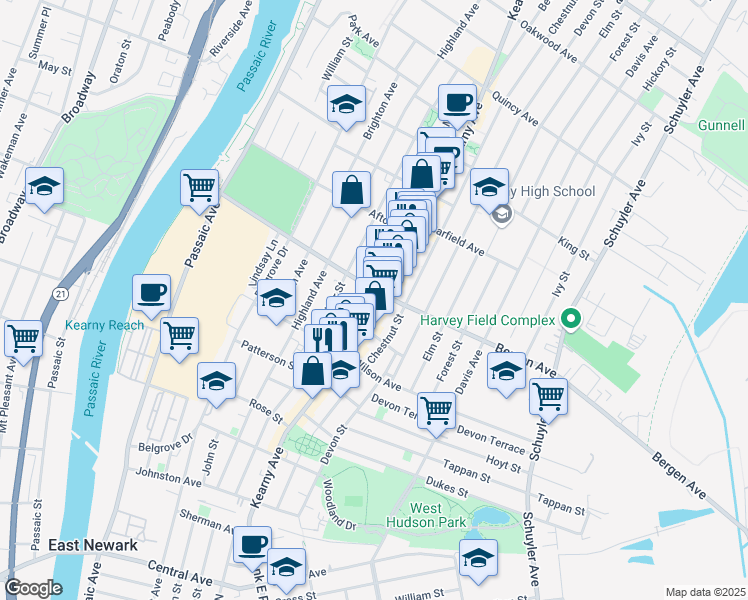 map of restaurants, bars, coffee shops, grocery stores, and more near 218 Maple Street in Kearny