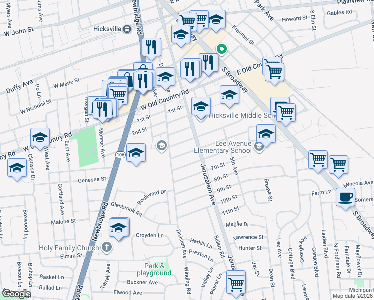 map of restaurants, bars, coffee shops, grocery stores, and more near 157 4th Street in Hicksville