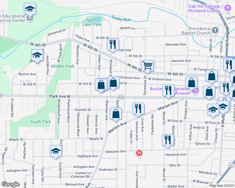 map of restaurants, bars, coffee shops, grocery stores, and more near 458 Park Avenue West in Mansfield