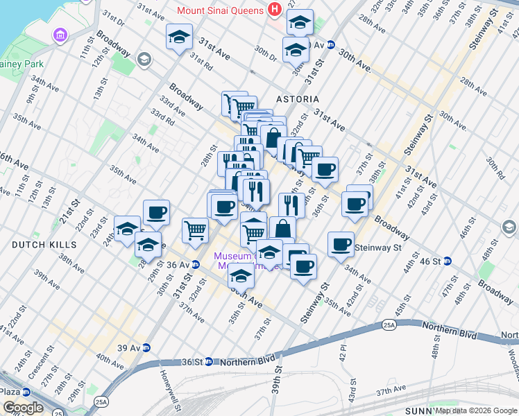 map of restaurants, bars, coffee shops, grocery stores, and more near 32-86 33rd Street in Queens