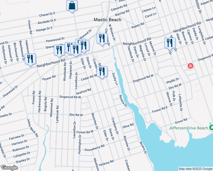 map of restaurants, bars, coffee shops, grocery stores, and more near 215 Bayview Drive in Mastic Beach