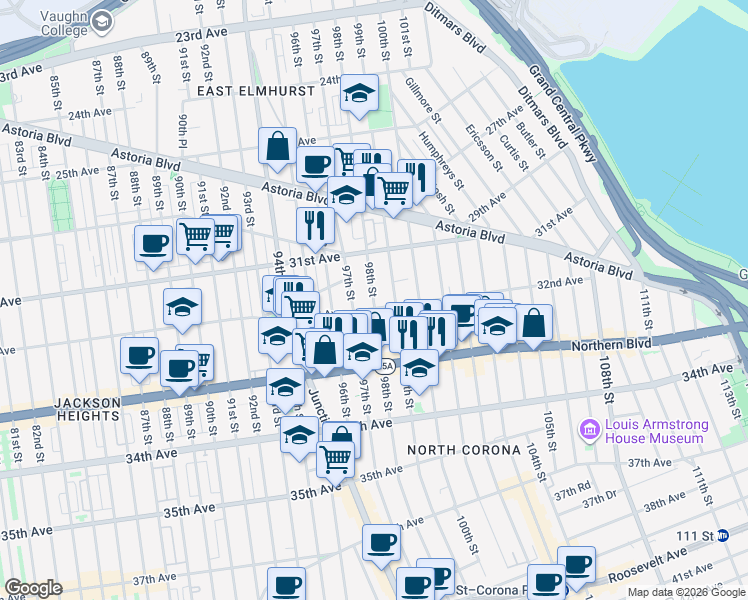 map of restaurants, bars, coffee shops, grocery stores, and more near in Queens