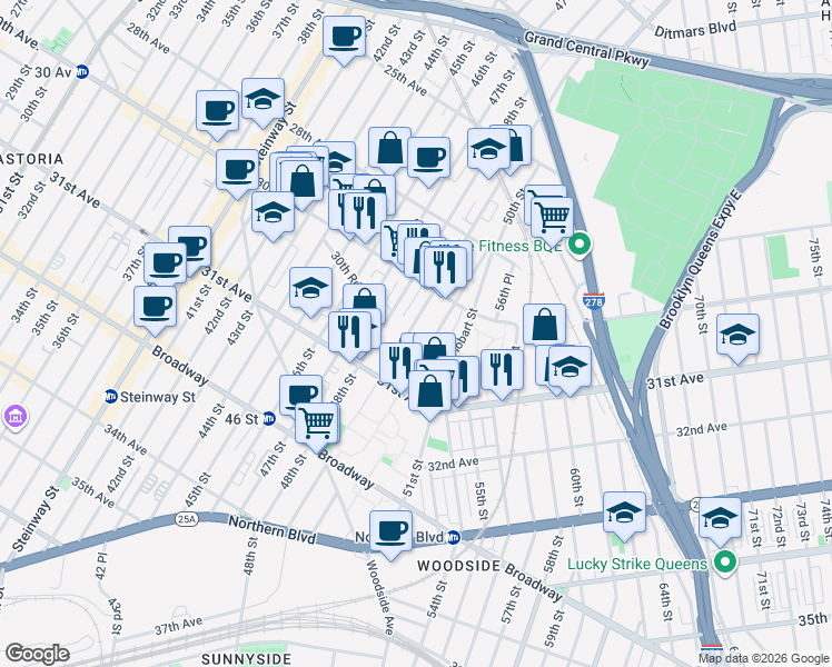 map of restaurants, bars, coffee shops, grocery stores, and more near 30-47 49th Street in Queens