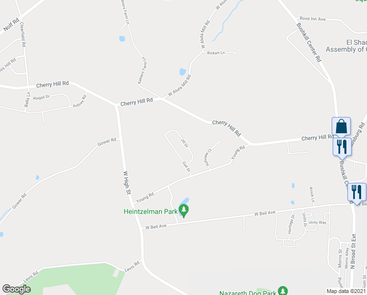 map of restaurants, bars, coffee shops, grocery stores, and more near 459 Jill Drive in Nazareth