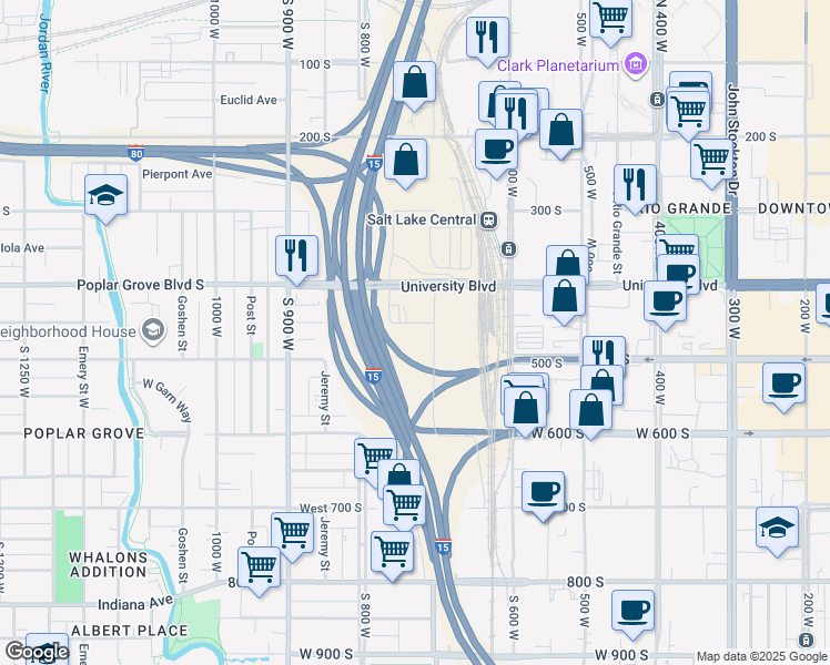 map of restaurants, bars, coffee shops, grocery stores, and more near 723 Pacific Avenue South in Salt Lake City