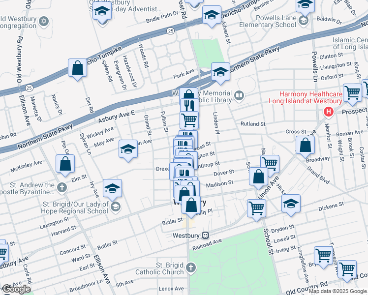 map of restaurants, bars, coffee shops, grocery stores, and more near 289 Post Avenue in Westbury