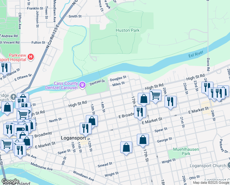 map of restaurants, bars, coffee shops, grocery stores, and more near 1522 High St in Logansport