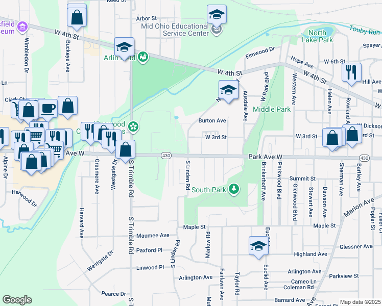 map of restaurants, bars, coffee shops, grocery stores, and more near 856 Park Avenue West in Mansfield