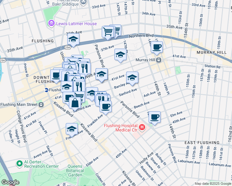map of restaurants, bars, coffee shops, grocery stores, and more near 144-07 Sanford Avenue in Queens