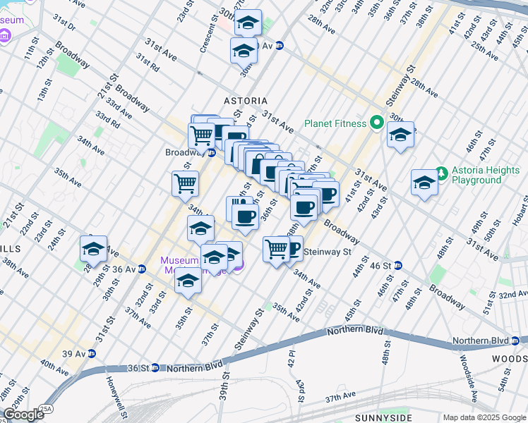 map of restaurants, bars, coffee shops, grocery stores, and more near 32-36 36th Street in Queens