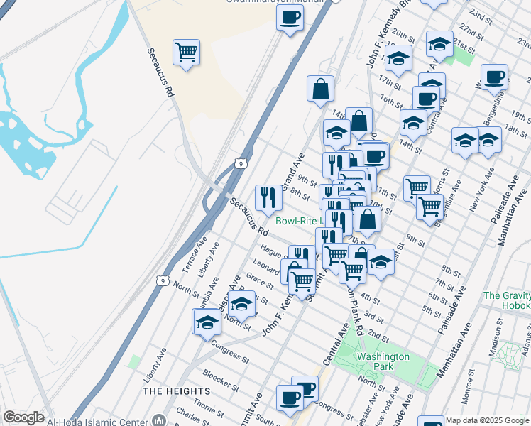 map of restaurants, bars, coffee shops, grocery stores, and more near 1517 6th Street in North Bergen