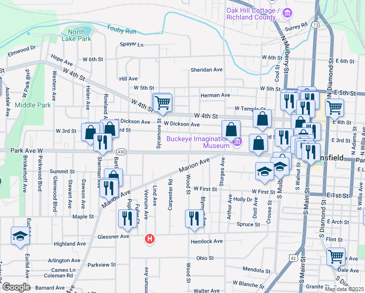 map of restaurants, bars, coffee shops, grocery stores, and more near 308 Park Avenue West in Mansfield