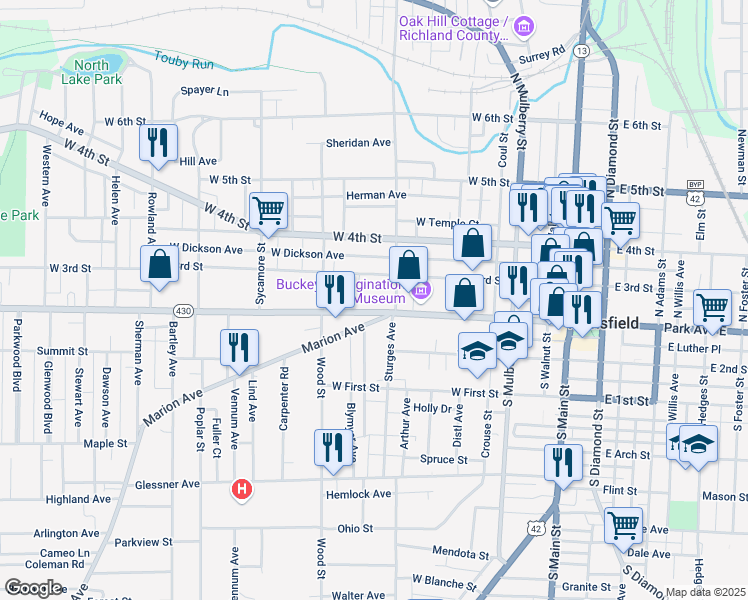 map of restaurants, bars, coffee shops, grocery stores, and more near 228 Park Avenue West in Mansfield