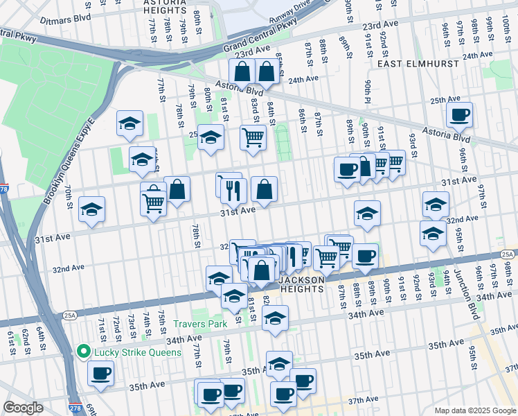 map of restaurants, bars, coffee shops, grocery stores, and more near 31st Avenue in Queens