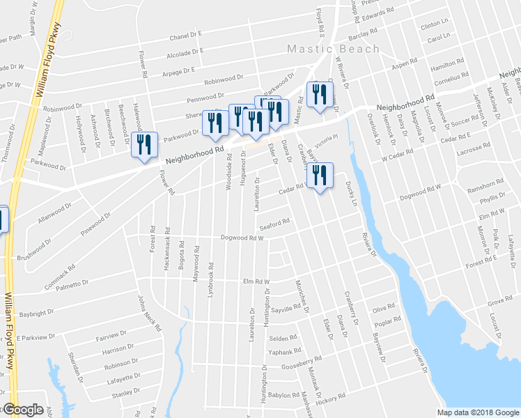 map of restaurants, bars, coffee shops, grocery stores, and more near 23 Orient Road in Mastic Beach