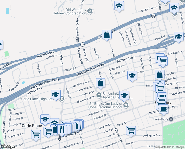 map of restaurants, bars, coffee shops, grocery stores, and more near 25 Reed Lane in Westbury